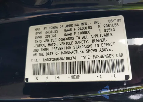 2009 Honda Accord 2.4 Ex-L z USA, uszkodzony, nr VIN 1HGCP26869A196374